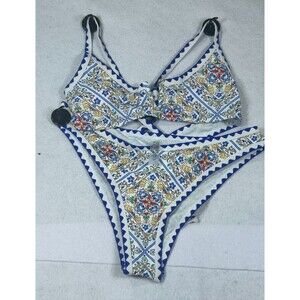 BIKINX Women’s Bikini Set L Blue White Tile Print High Cut Swimwear